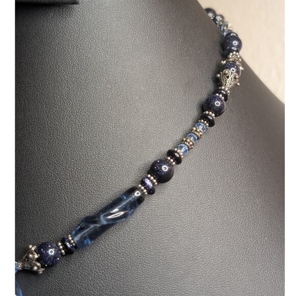 Blue Fused Glass Dangle Gold Stone Crystal Beaded 18" Necklace W/ Toggle Clasp - Picture 5 of 7